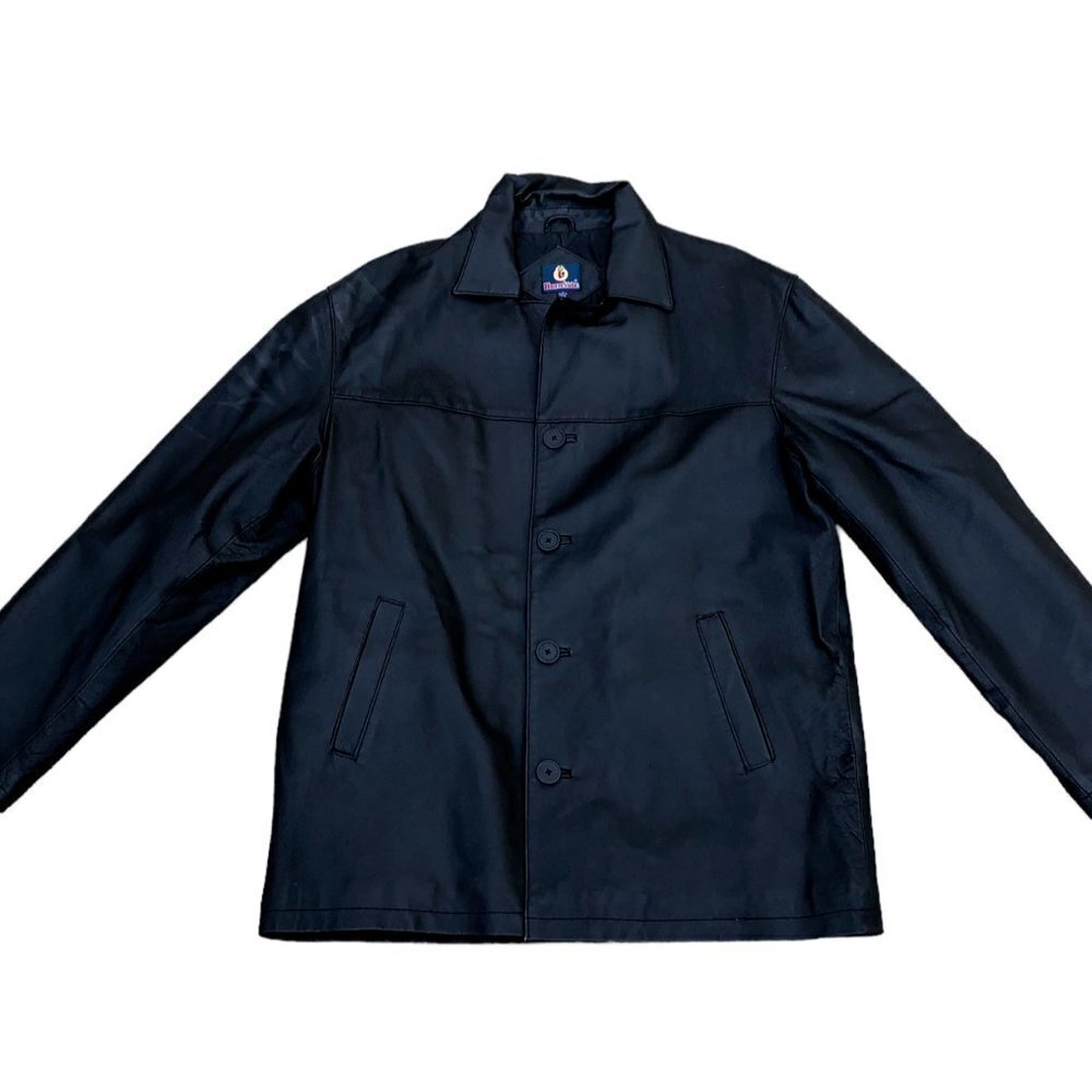 Vintage BURNSIDE 100% Leather Jacket Men's LG Quilted Lining Black Button Coat﻿